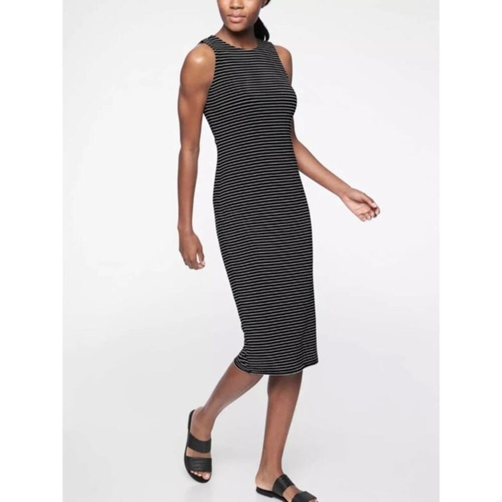 Athleta Black & White Stripe Midi Stretch Resort Dress Size XS
